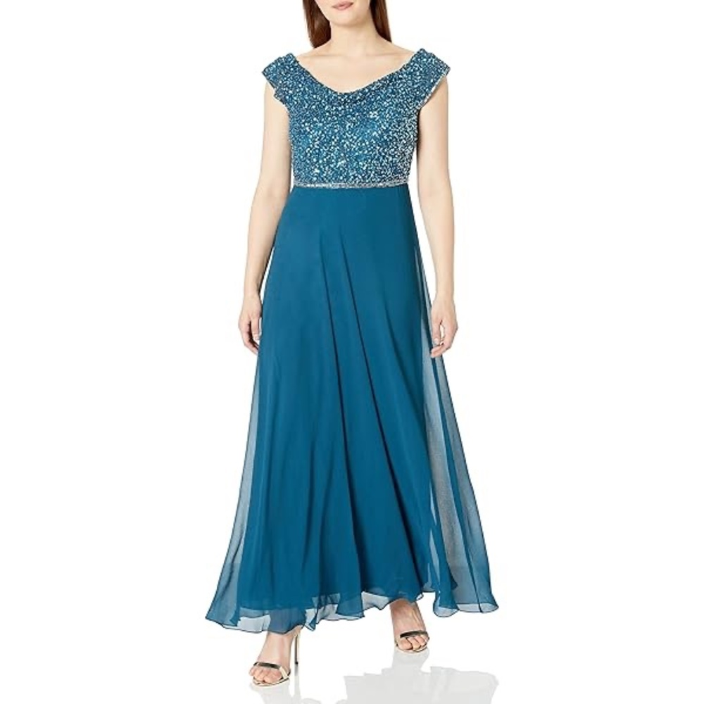 J Kara Teal Silver Beaded Long Dress Mother of the Bride Gown Size 14W